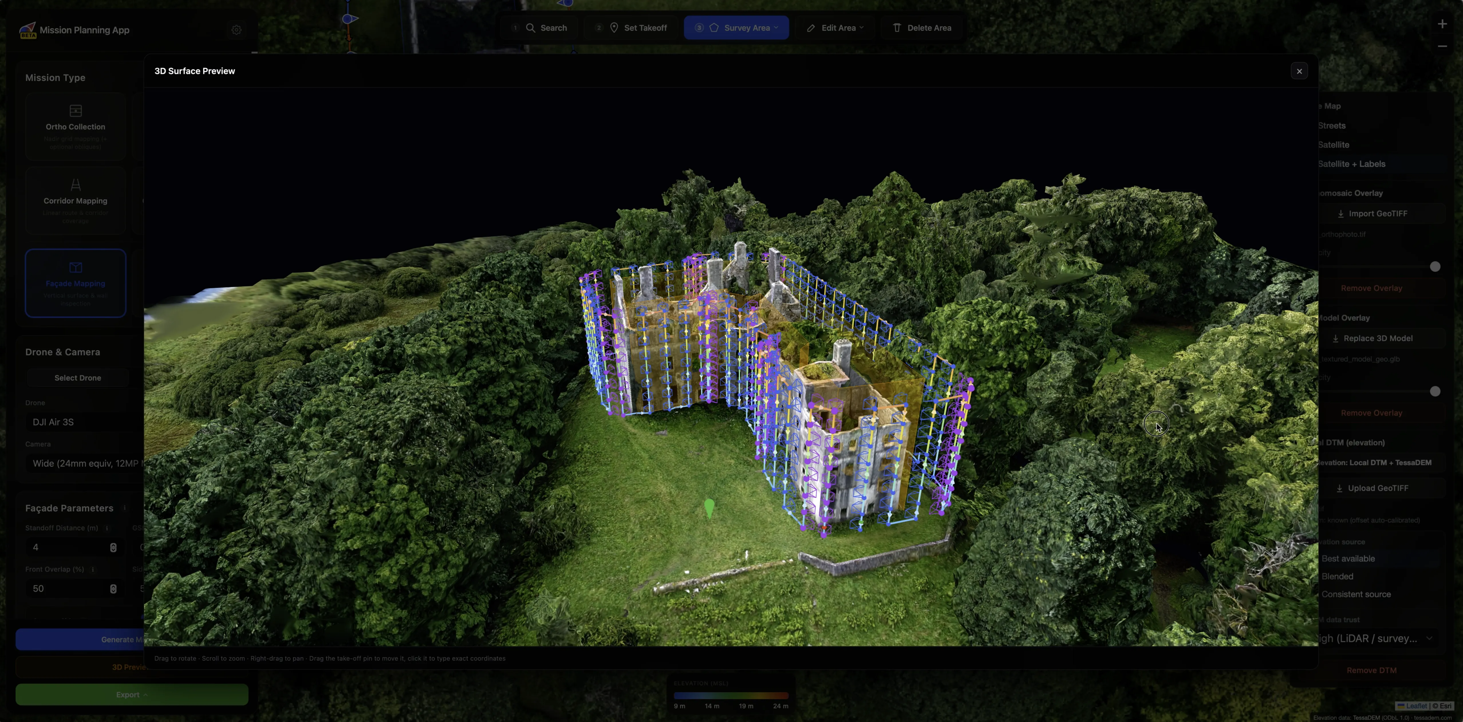 3D model imported as a visual overlay on the 2D planning map and 3D preview