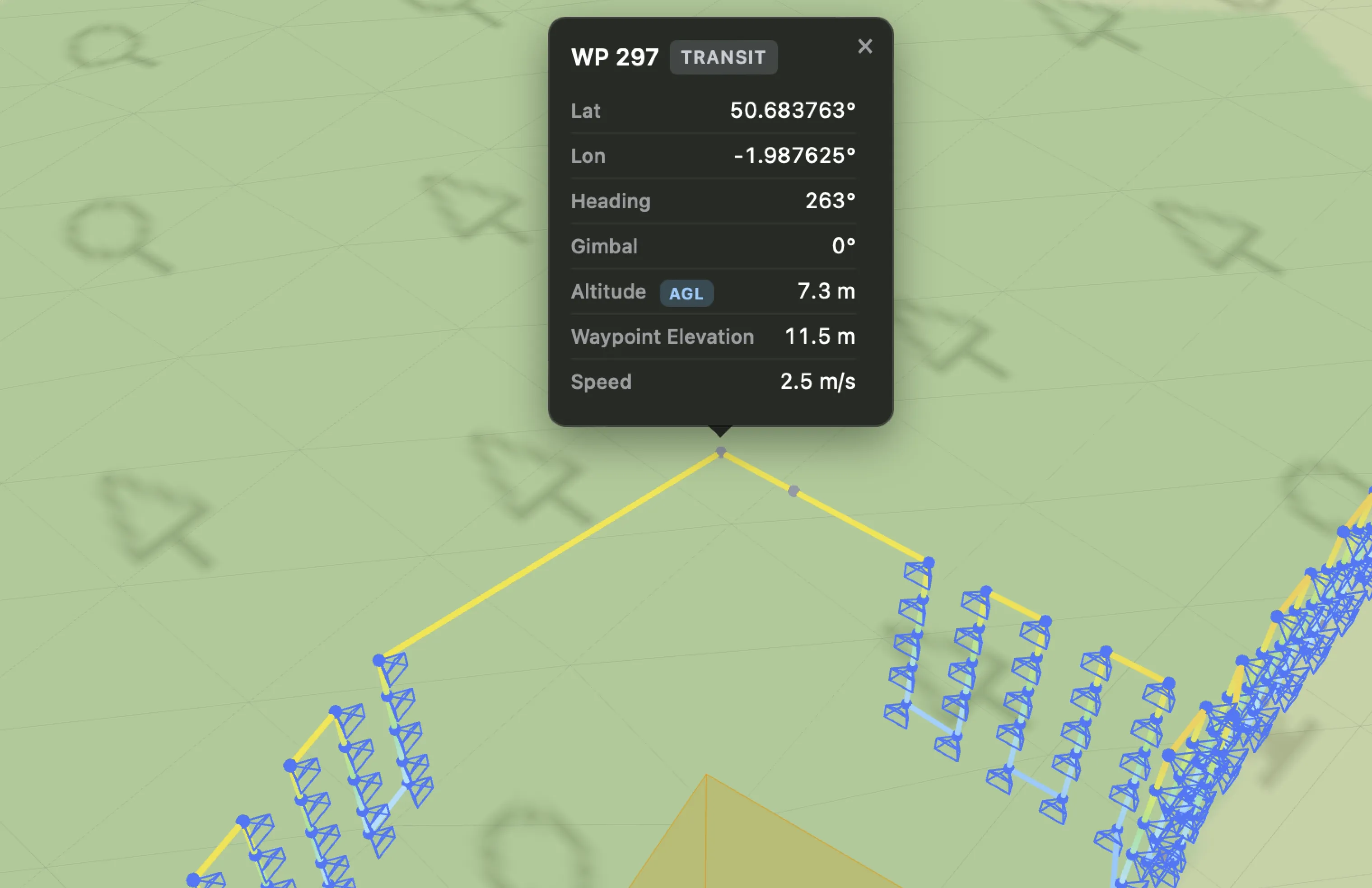 3D preview of a façade mission routing around a building corner
