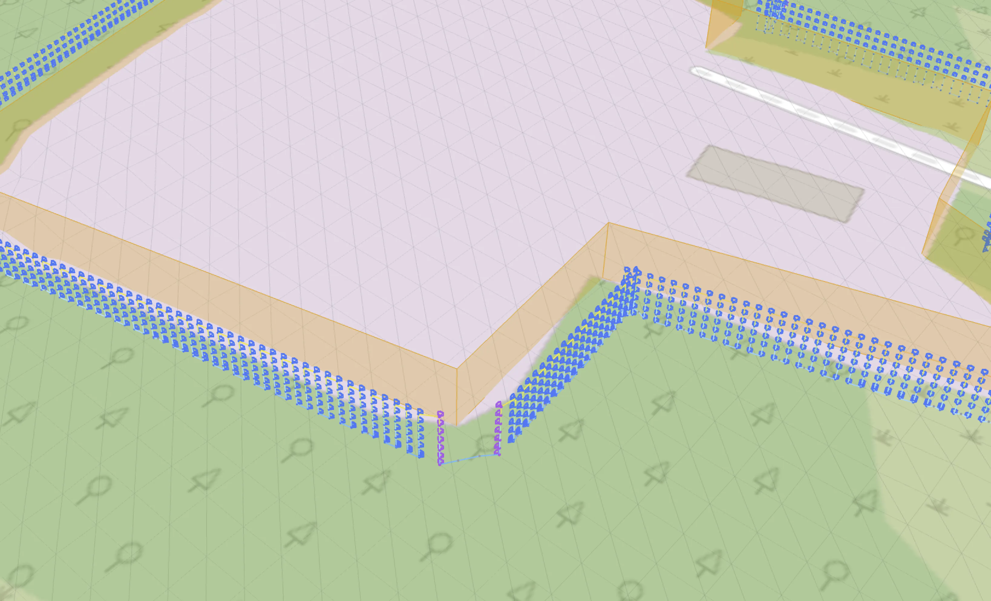 Façade mission planned on the map with camera columns along a building wall