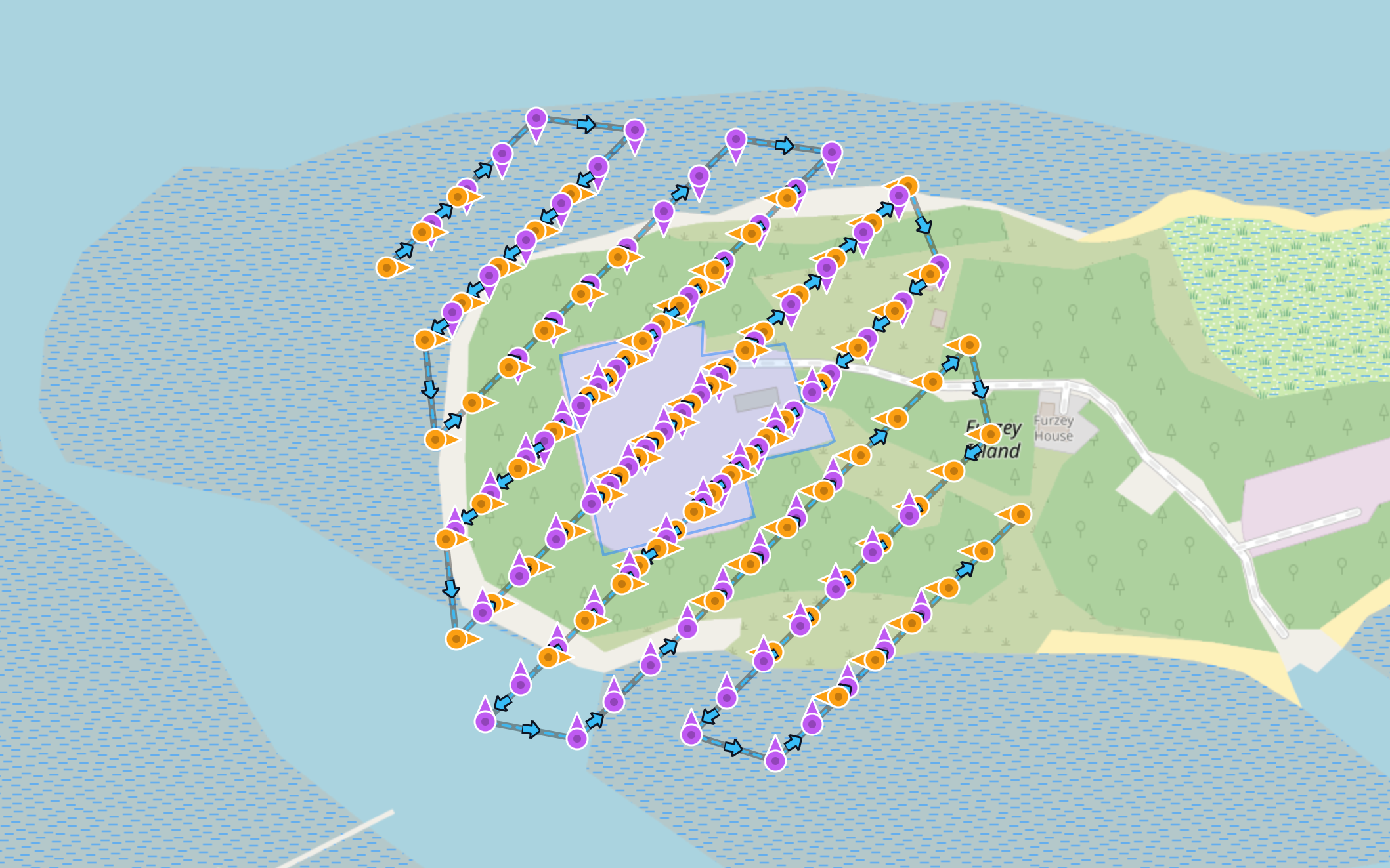 Oblique waypoint capture mode showing angled perimeter passes