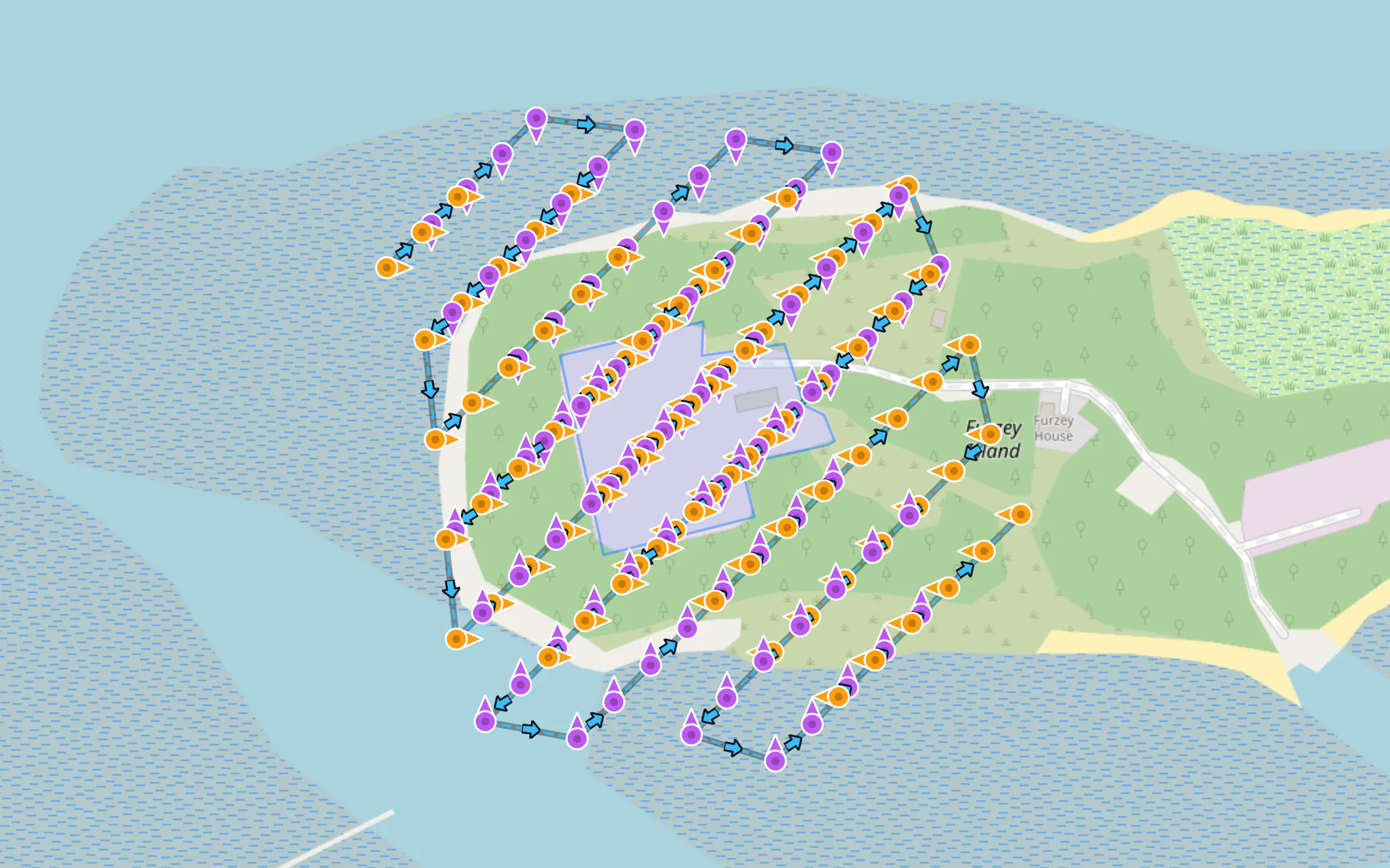 Oblique waypoint capture mode showing angled perimeter passes
